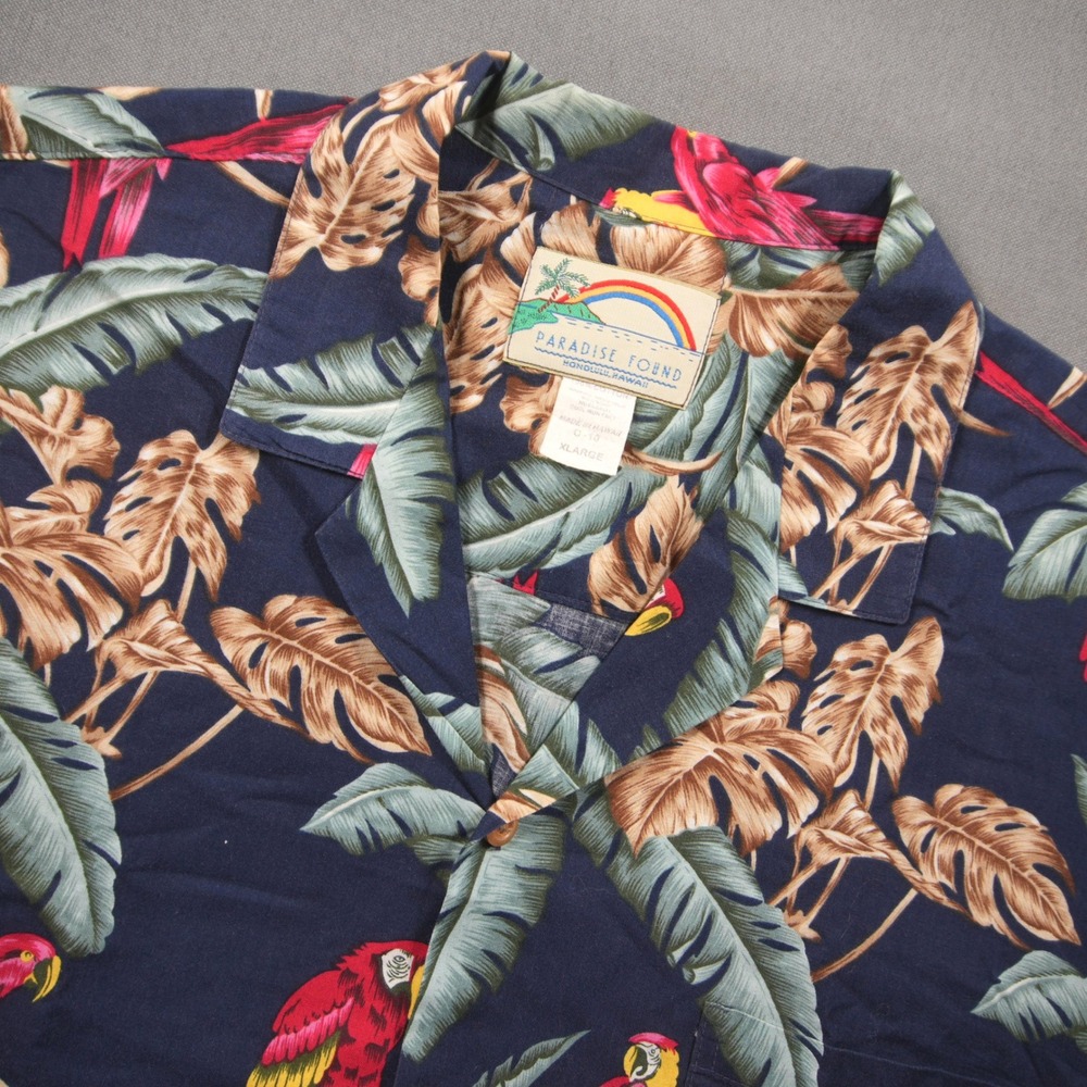 Vintage Magnum PI Paradise Found Tropical Parrot Palm Men Hawaiian Shirt XL Blue